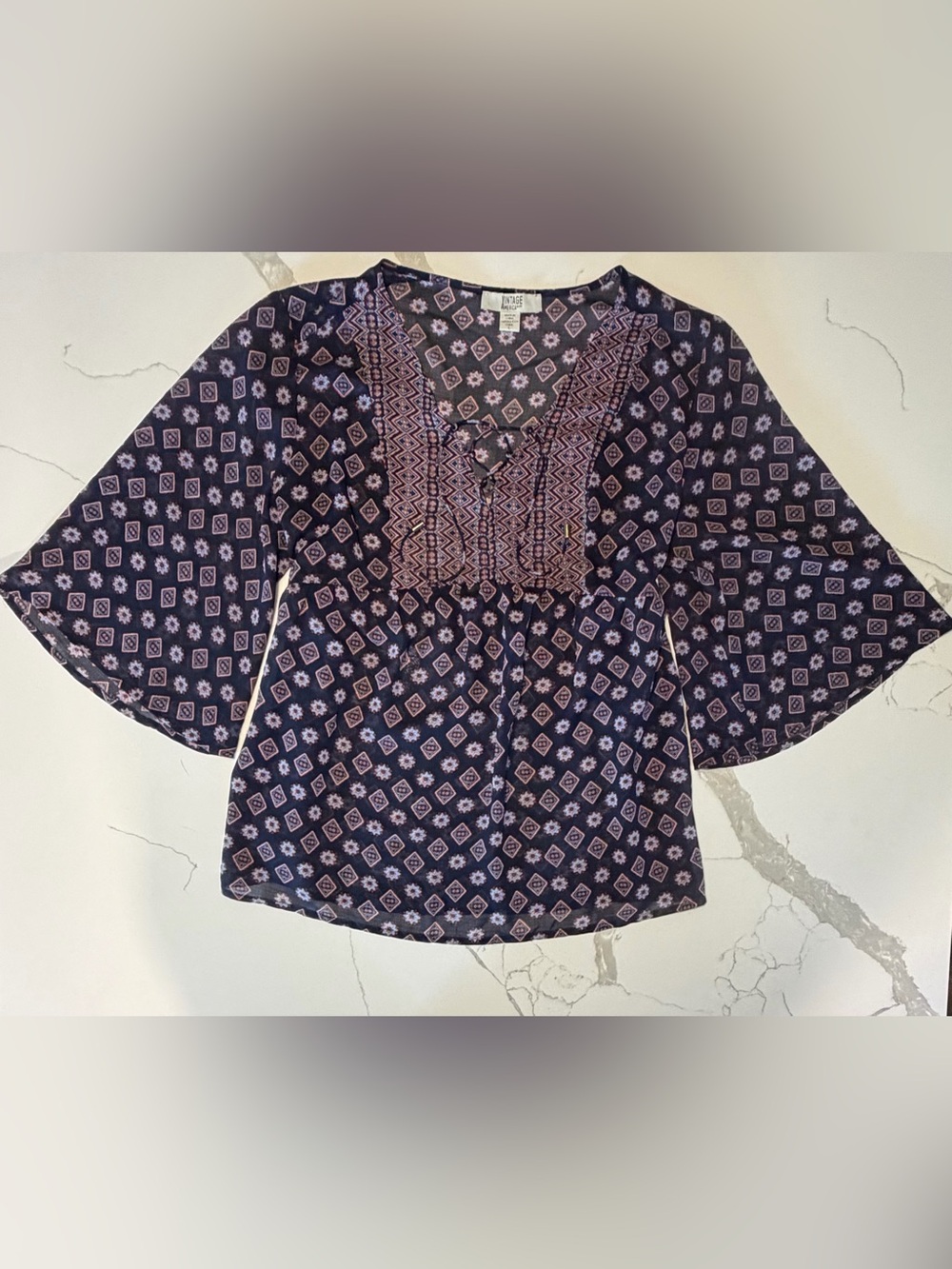 Vintage America Navy Embroidered Floral Boho Tunic